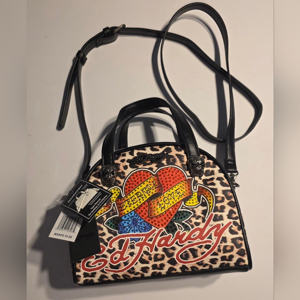 Ed Hardy Tattoo Cheetah Print Handbag Eternal Love Bag Vegan Material Skulls NWT - Picture 2 of 15